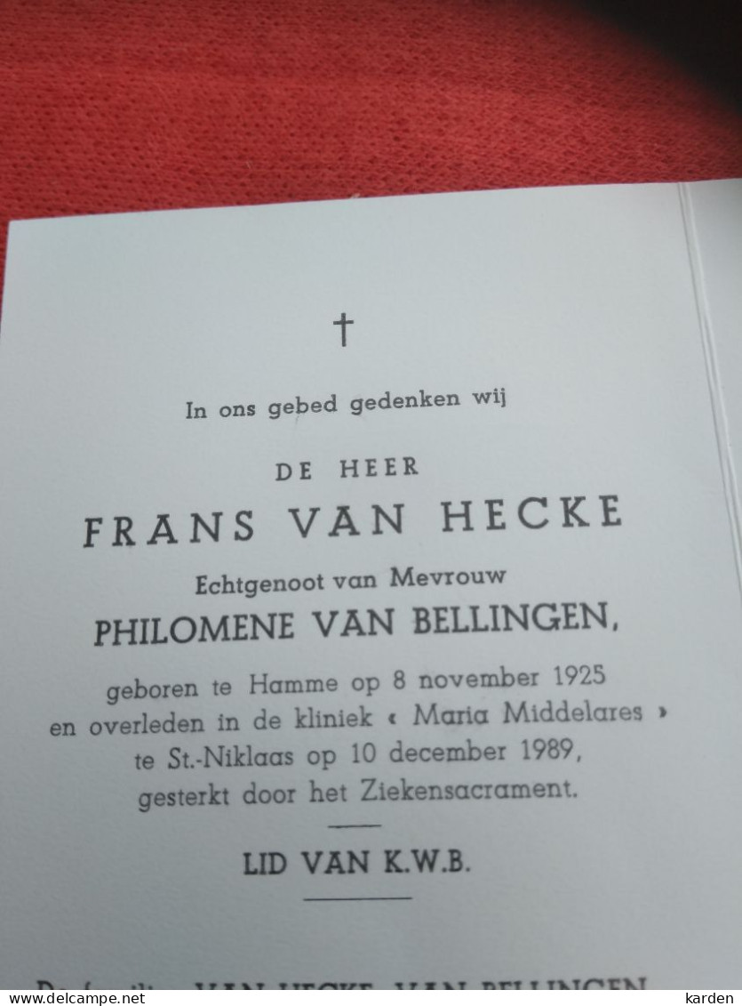 Doodsprentje Frans Van Hecke / Hamme 8/11/1925 Sint Niklaas 10/12/1989 ( Philomene Van Bellingen ) - Religion & Esotérisme