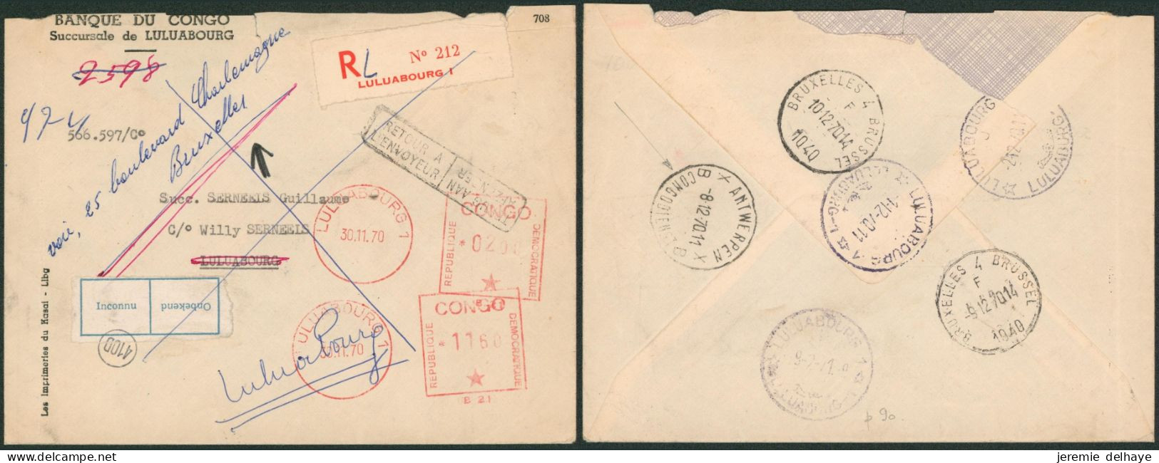 Lettre (banque Du Congo) En Recommandé + Affranch. Mécanique De Luluabourg > Luluabourg, Biffé Redirigé Bruxelles. Retou - Lettres & Documents