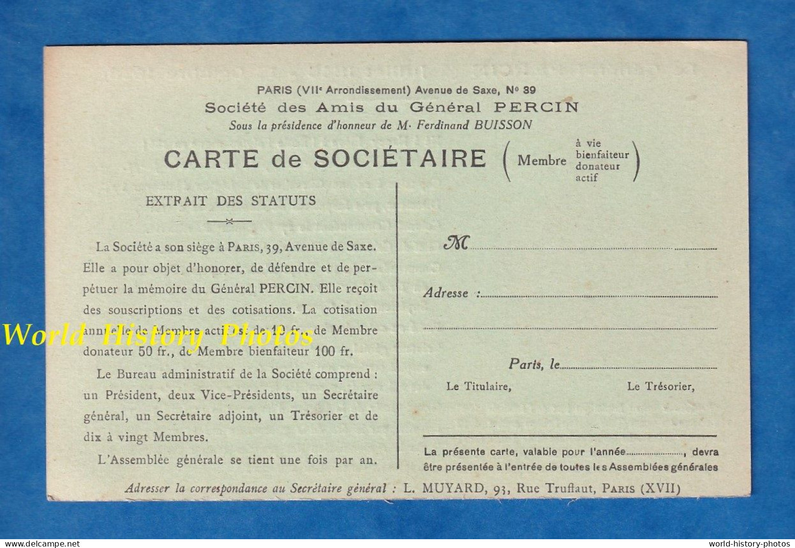 CPA - Société Des Amis Du Général PERCIN Polytechnicien Né à Nancy Uniforme Médaille Secrétaire L. Muyard Canon 75 WW1 - Uniformes