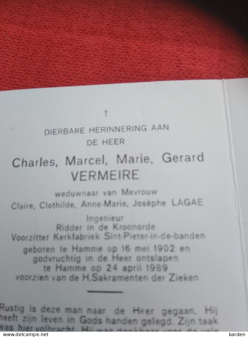 Doodsprentje Charles Marcel Marie Gerard Vermeire / Hamme 16/5/1902 - 24/4/1989 ( Claire Clothilde A.J.  Lagae ) - Religion & Esotérisme
