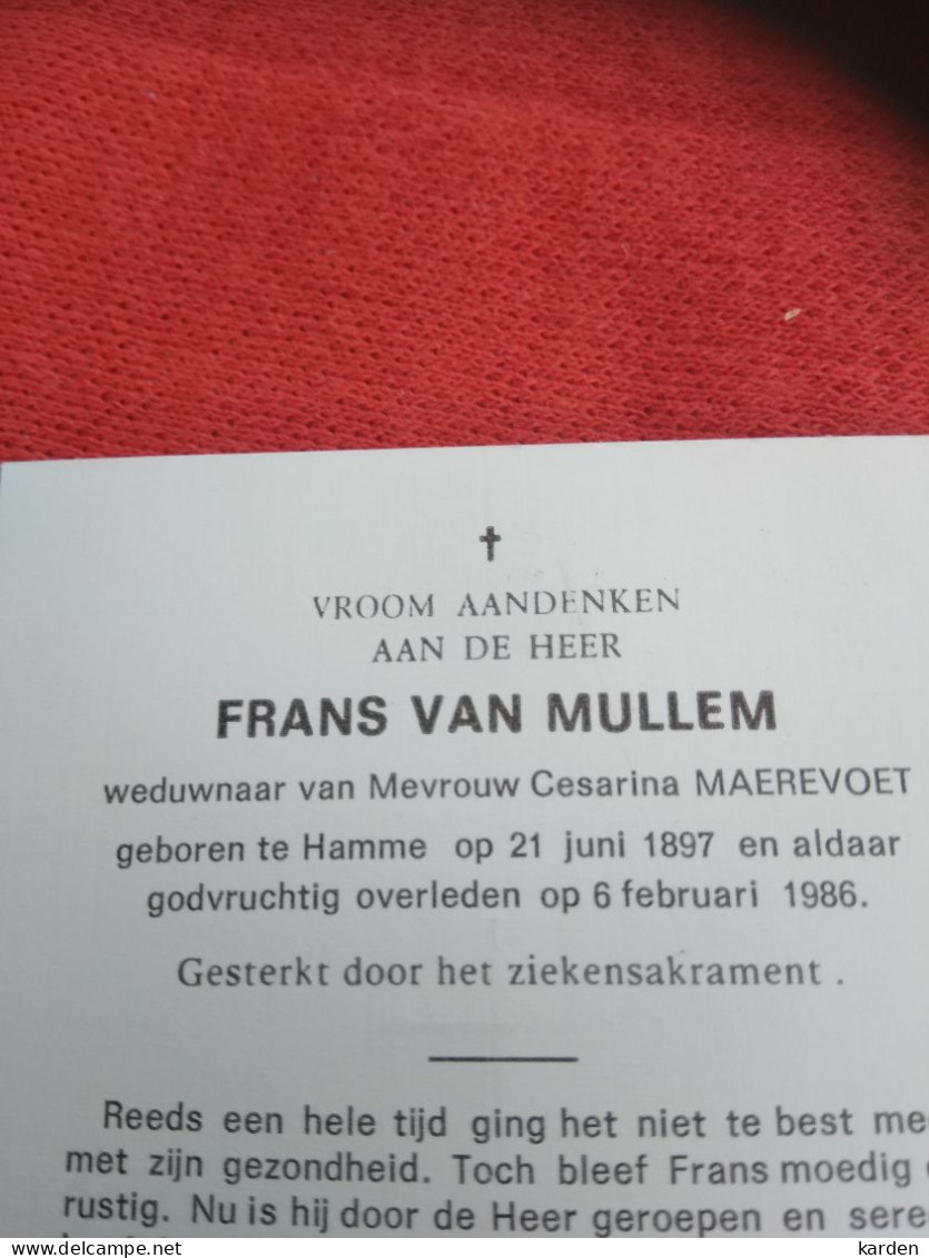 Doodsprentje Frans Van Mullem / Hamme 21/6/1897 - 6/2/1986 ( Cesarina Maerevoet ) - Religion & Esotericism