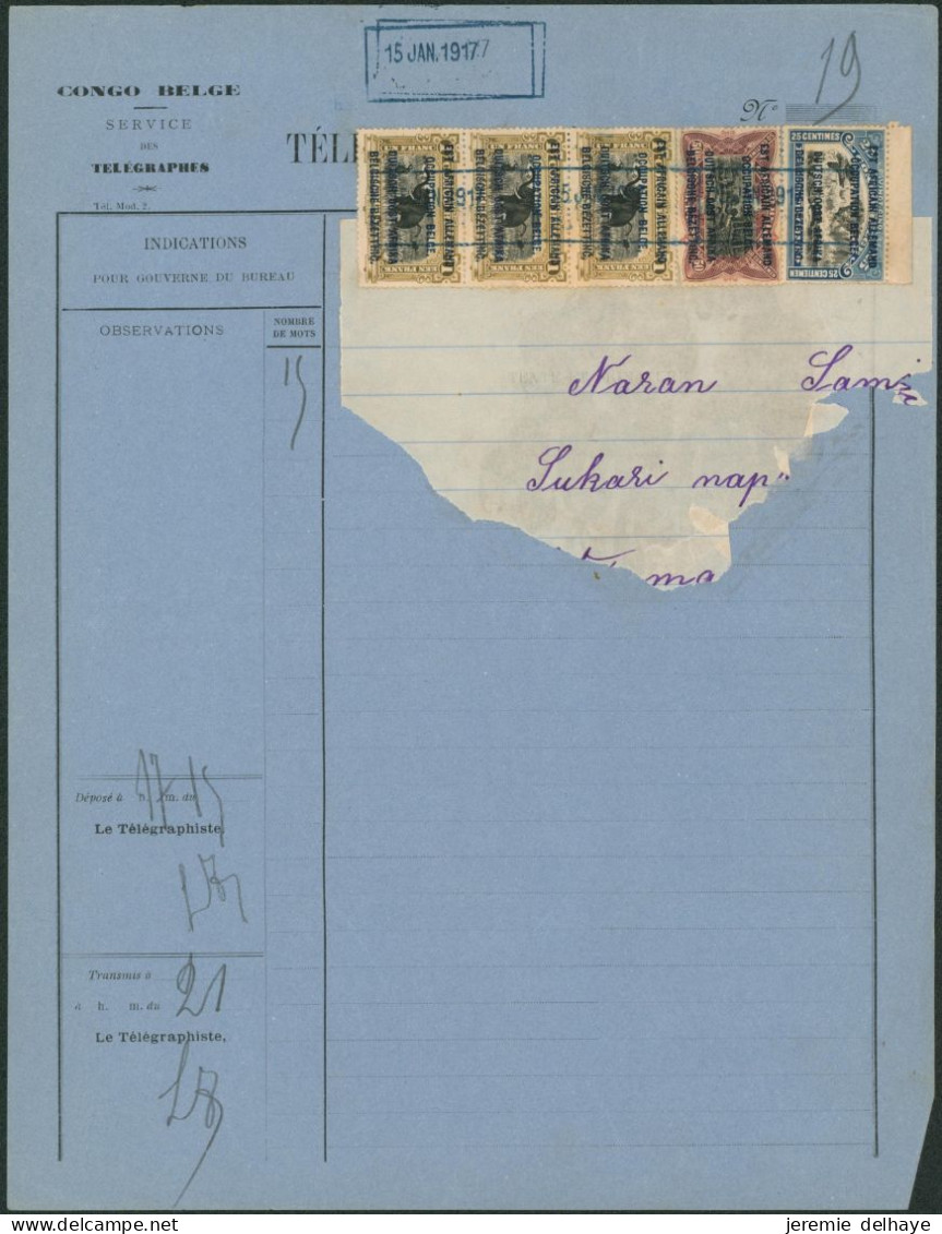 Ruanda-Urundi - N°31, 33 Et 34 En Bande De 3 Sur Télégramme + Censure Datée 15 JANV 1917. Rare - Covers & Documents