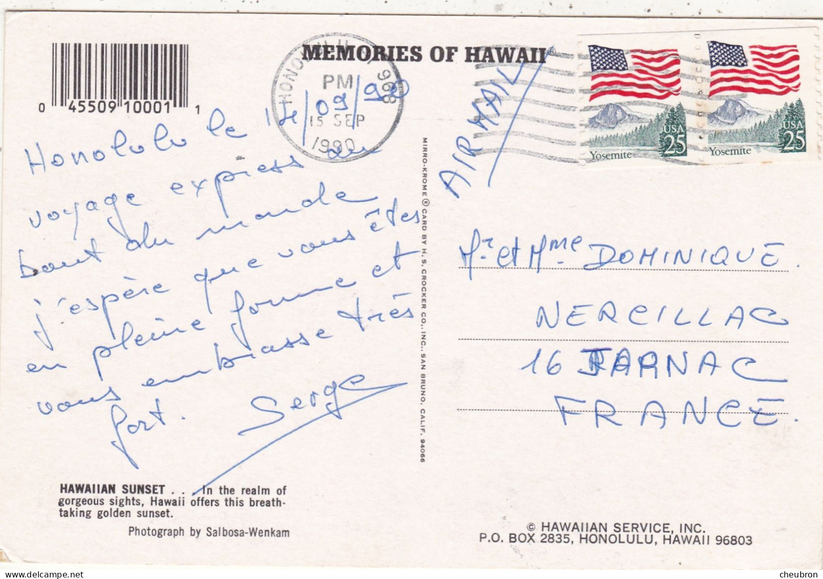 ETATS UNIS. HI. HONOLULU (ENVOYE DE). " SUNSET IN HAWAII". ANNEE 1990 + TEXTE + TIMBRES - Honolulu