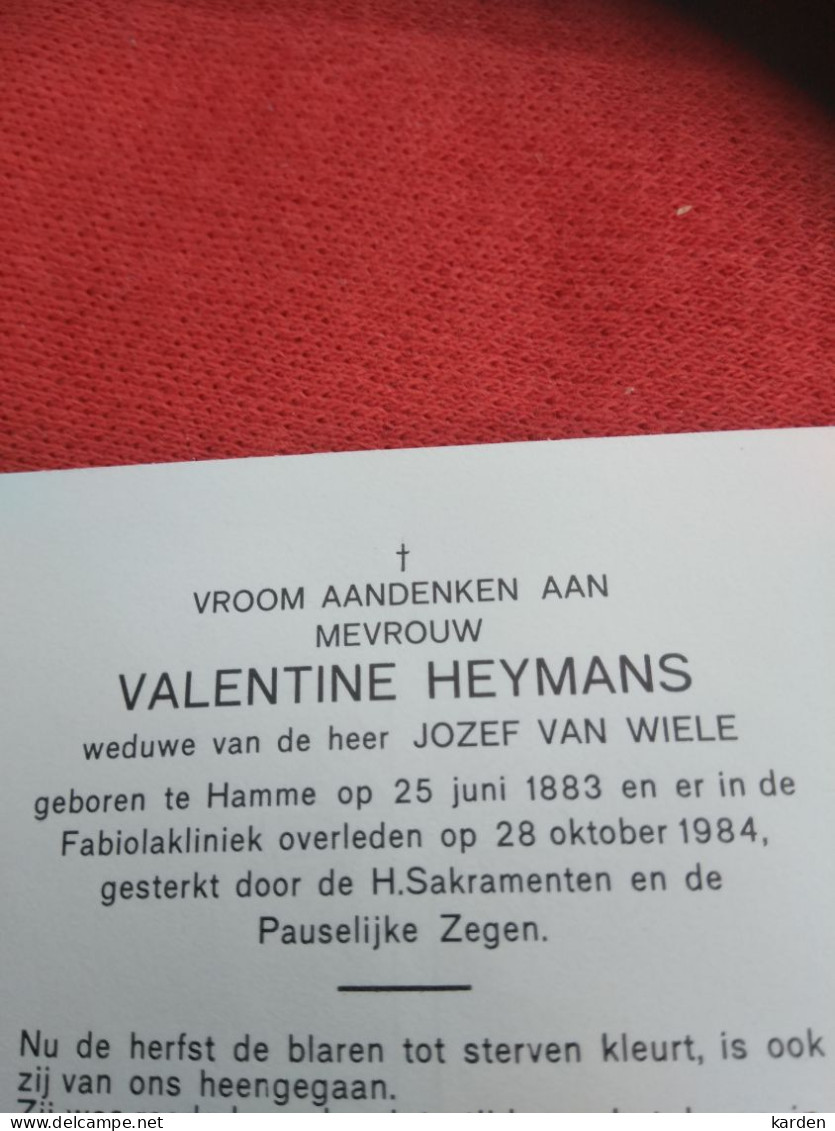 Doodsprentje Valentine Heymans / Hamme 25/6/1883 - 28/10/1984 ( Jozef Van Wiele ) - Religion & Esotérisme