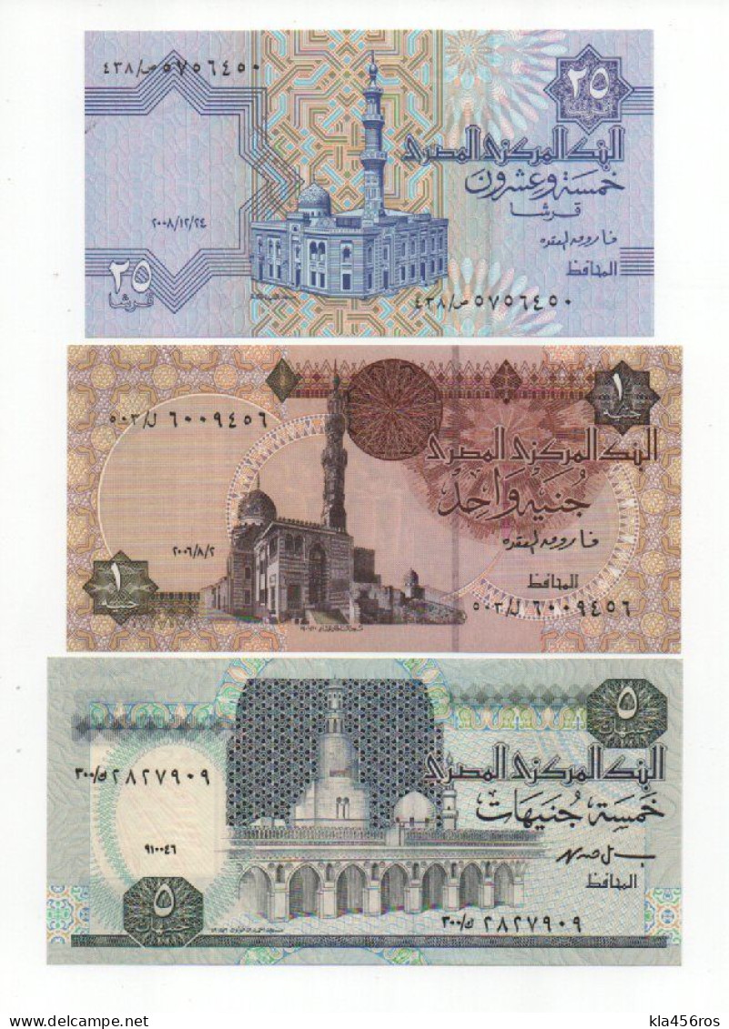 Ägypten  25 Piaster 2008 UNC, 1 Pound 2006 UNC, 5 Pounds 1996 UNC - Egypte