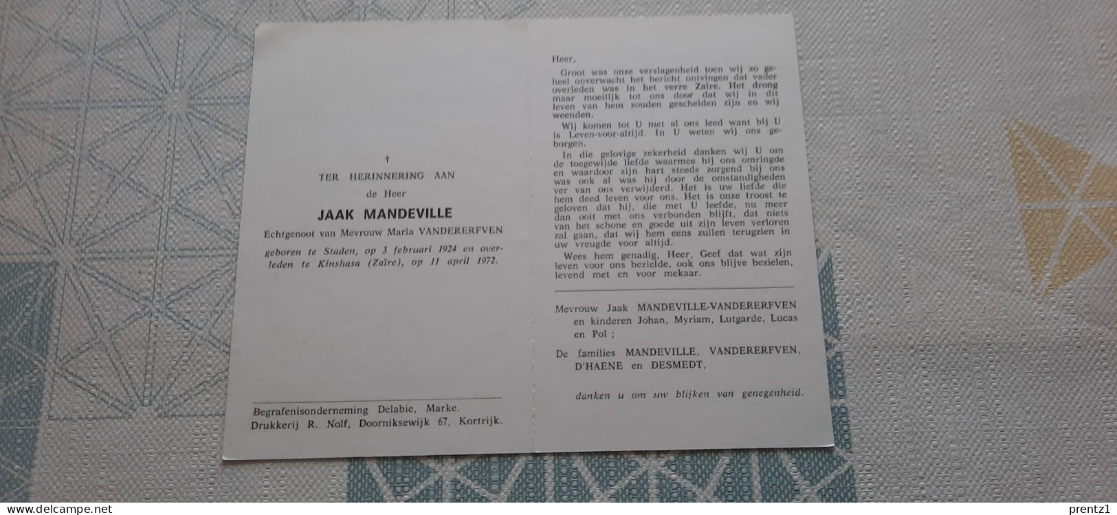 Jaak Mandeville Geb. Staden 3/02/1924- Getr. M. Vandererfven - Gest.Kinshasa (Zaire) 11/04/1972 - Images Religieuses