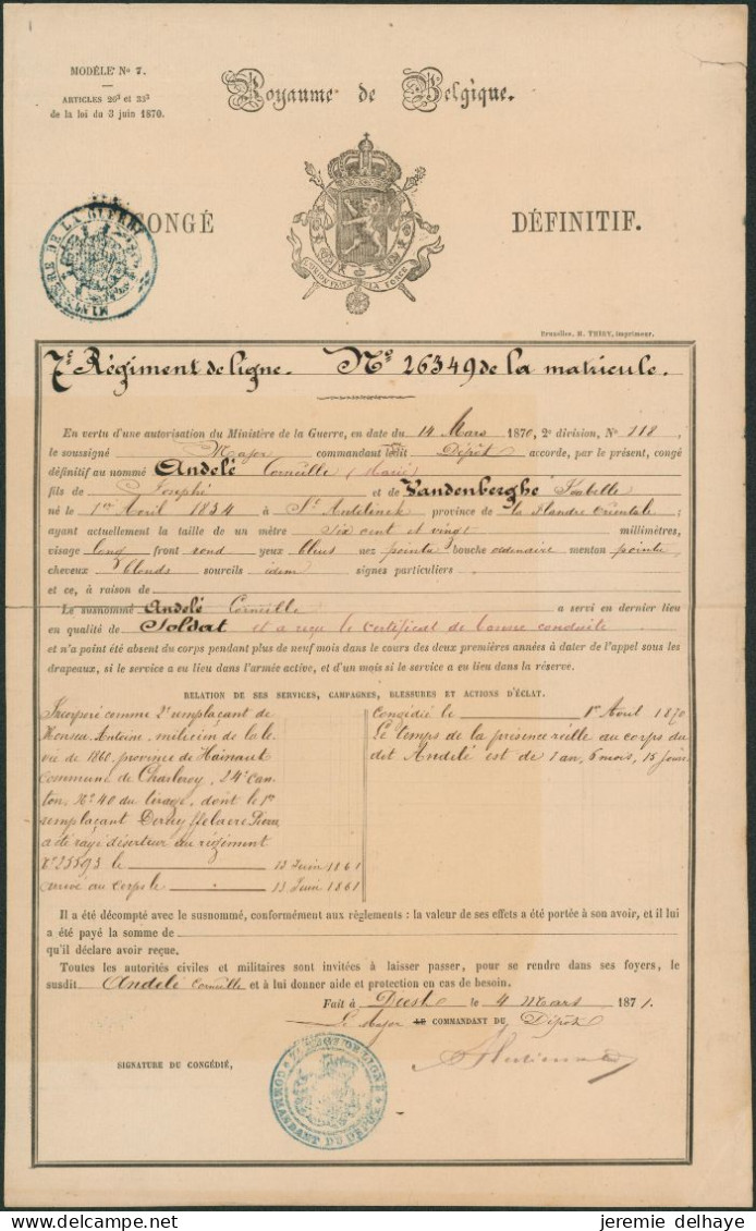 Militaria - Royaume De Belgique Congé Définitif (7e Régiment De Ligne, 1870) Major, Fait à Diest. - Documents Historiques