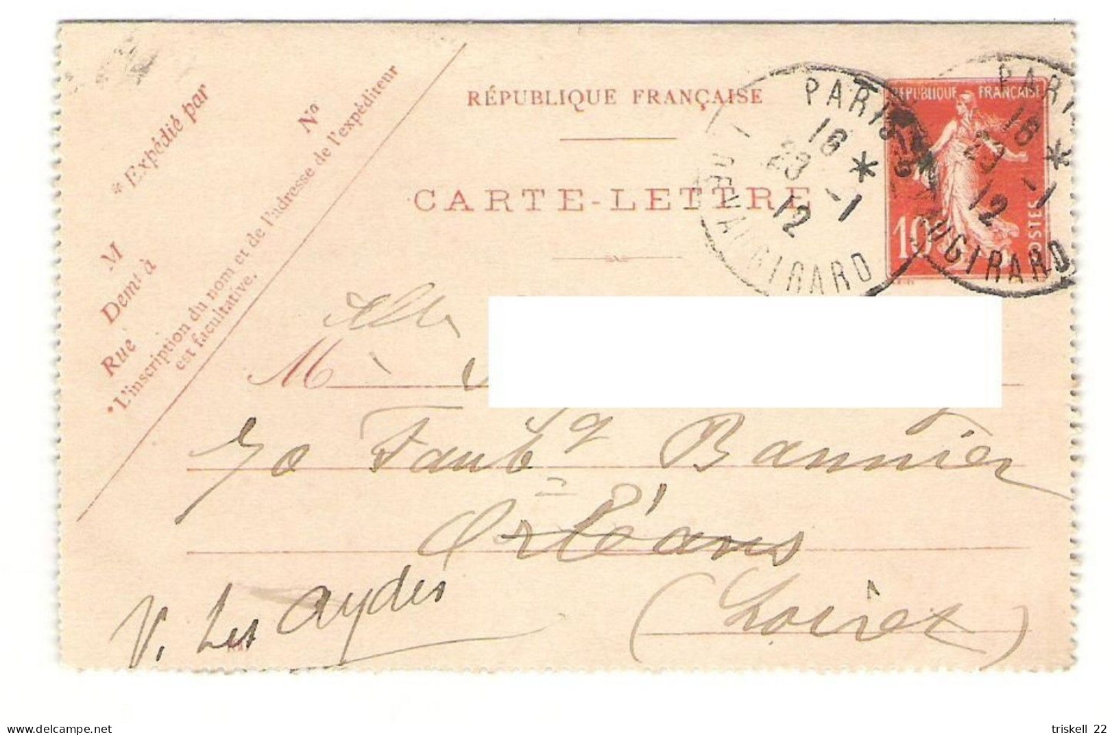 Carte-lettre Avec Timbre Entier Postal N° 135 - Oblitération De Paris - Vaugirard  23-1-1912 - 1877-1920: Période Semi Moderne