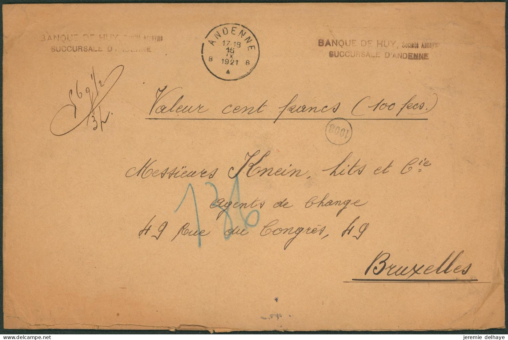 Albert I - Affranch. Tricolore Soit 1F30 Sur Grande Env. (Banque De Huy, Succ Andenne) Assuré En Triple Port > Bruxelles - 1915-1920 Albert I