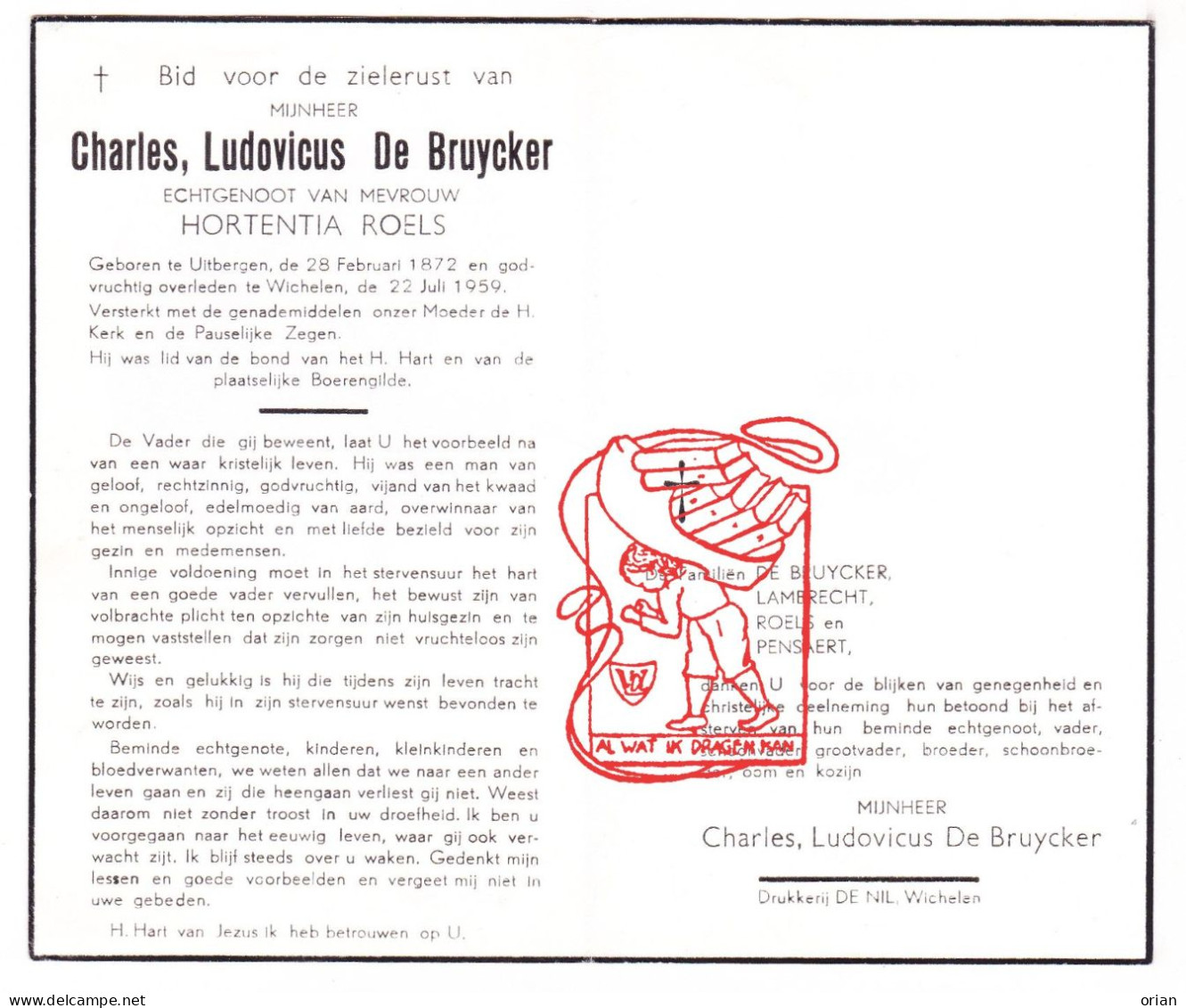DP Charles Ludovicus De Bruycker ° Uitbergen Berlare 1872 † Wichelen 1959 X Hortentia Roels // Lambrecht Pensaert - Images Religieuses