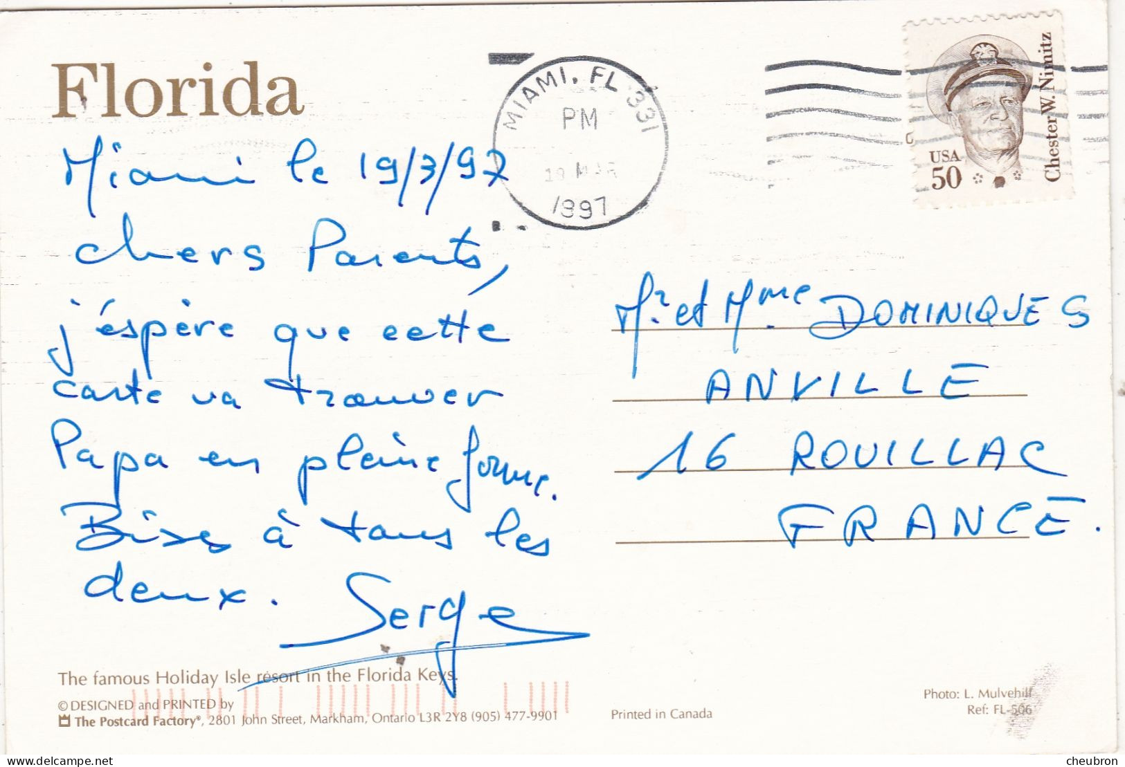 ETATS UNIS. FL..MIAMI (ENVOYE DE ). " THE FAMOUS HOLIDAY ISLE RESORT IN THE FLORIDA KEYS ". ANNEE 1997 + TEXTE + TIMBRE - Other & Unclassified