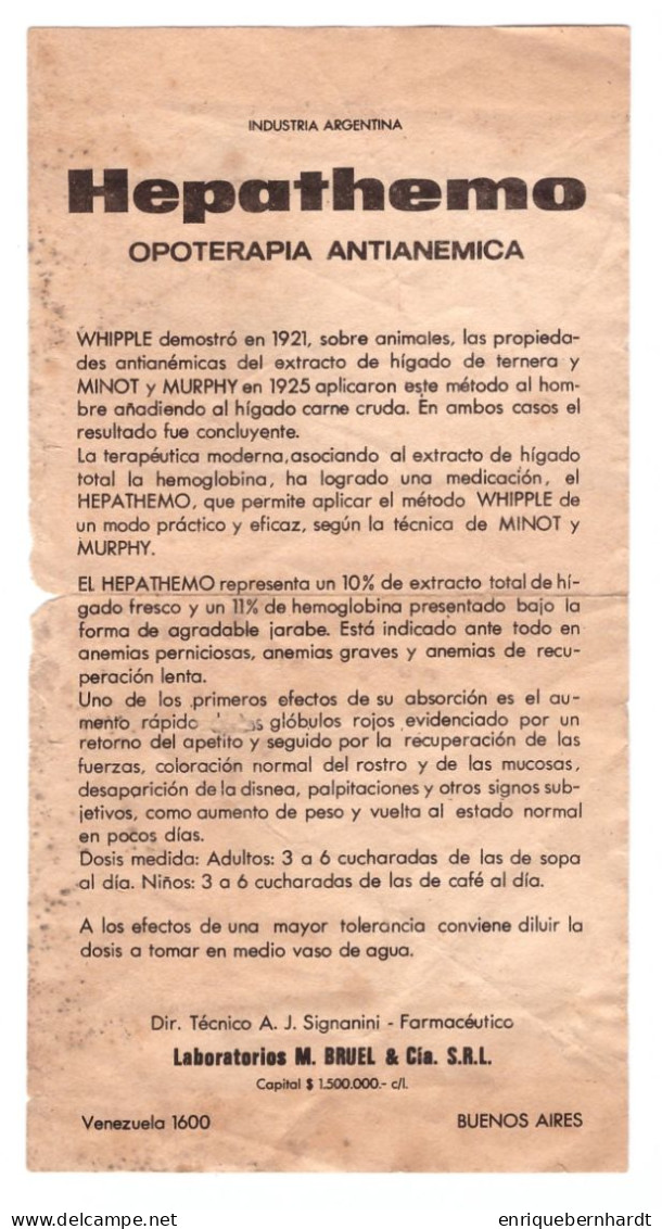 ARGENTINA // ANTIGUO PROSPECTO DE PRODUCTO FARMACÉUTICO // HEPATHEMO // OPOTERAPIA ANTIANÉMICA - Unclassified