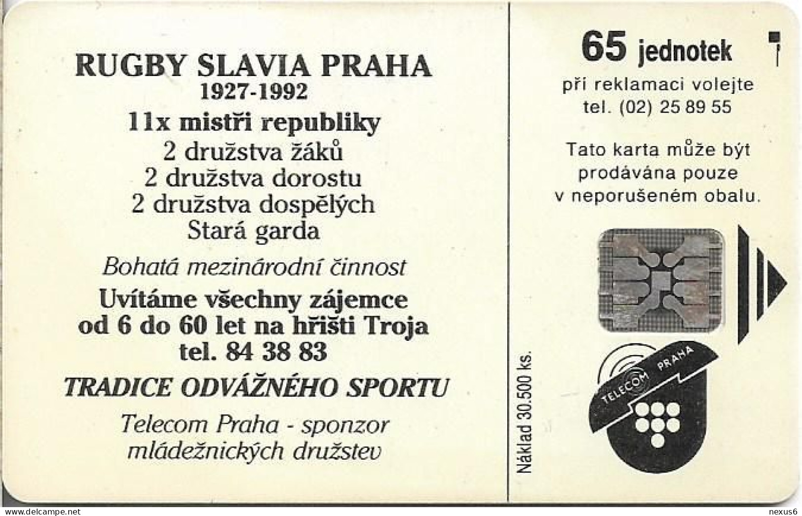 Czechoslovakia - CSFR - Rugby, Slavia Praha 1927 - 1992, SC5, Cn.39902, 65U, 30.500ex, Used - Czechoslovakia