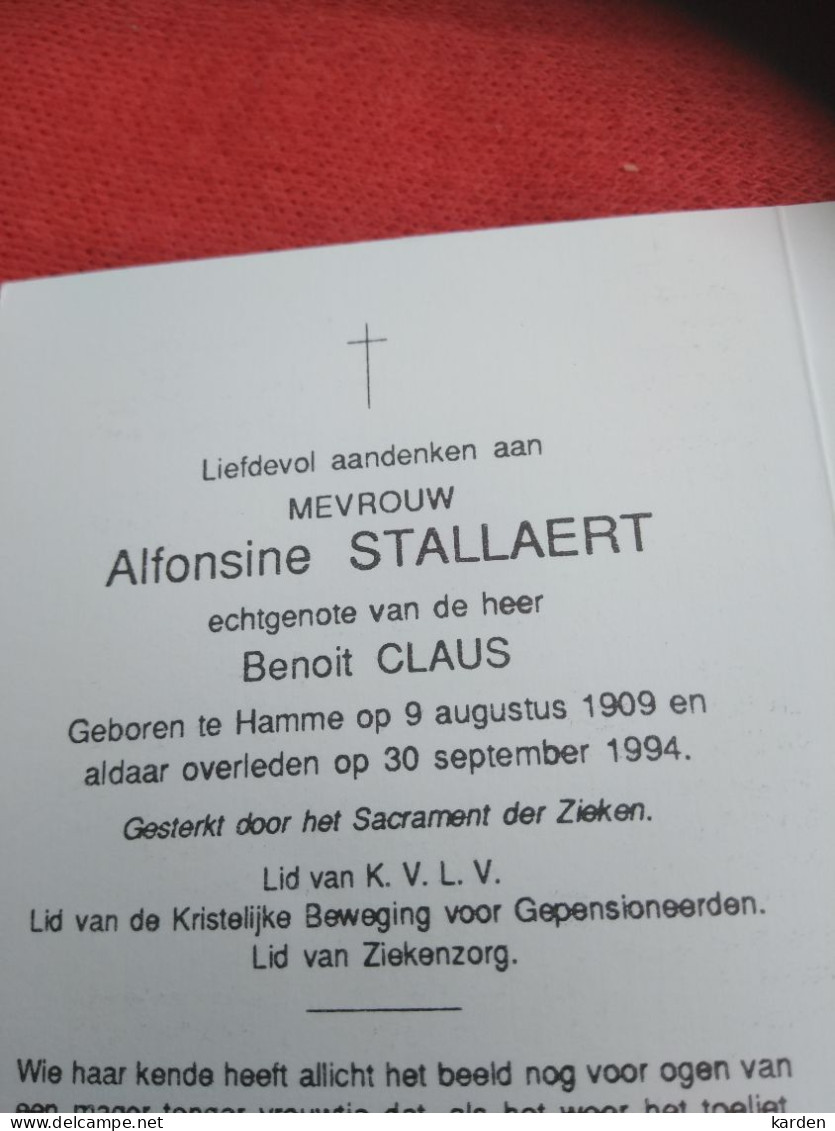 Doodsprentje Alfonsine Stallaert / Hamme 9/8/1909 - 30/9/1994 ( Benoit Claus ) - Religion & Esotérisme