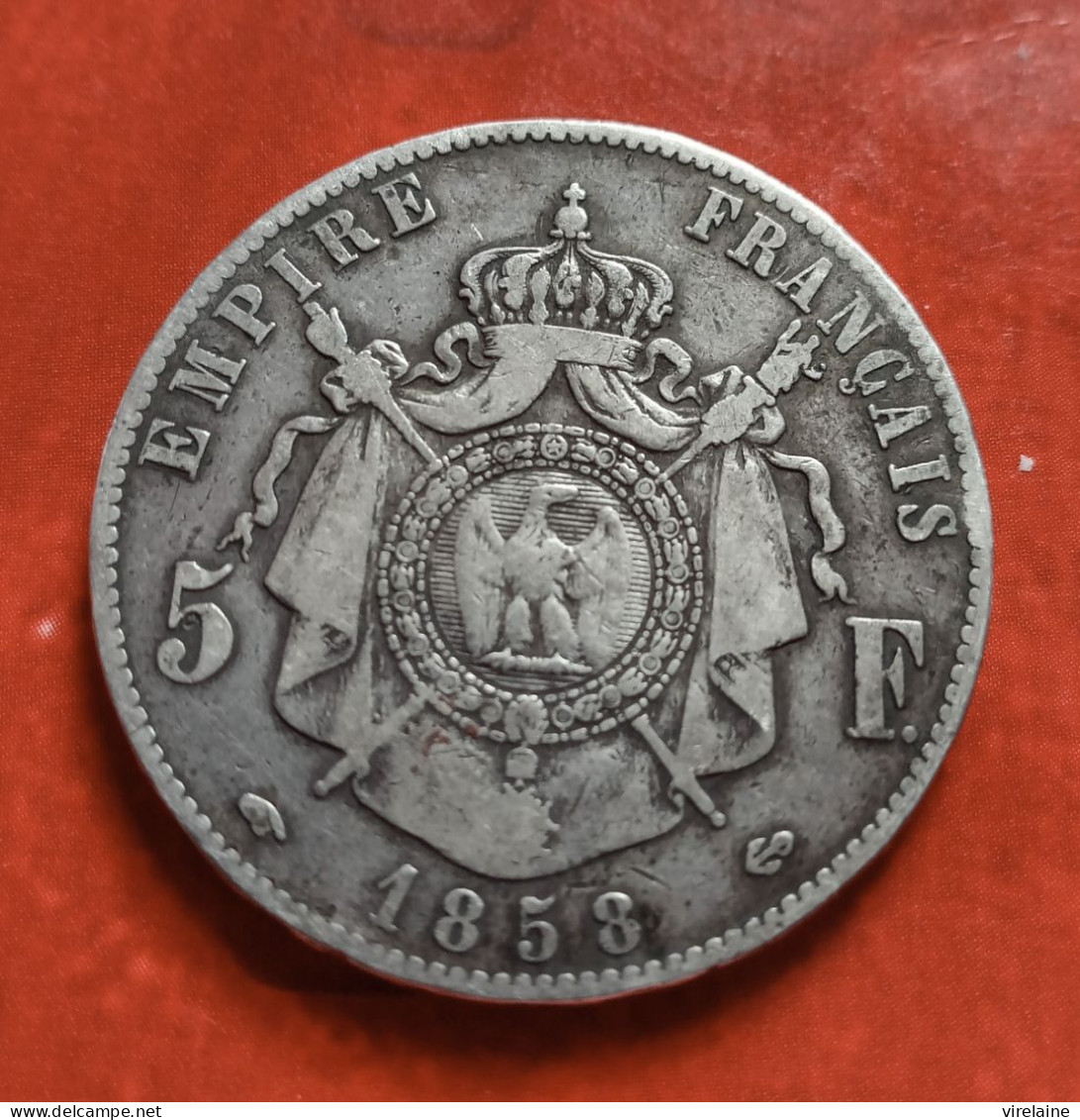 TRES TRES RARE  5 Francs Napoléon III Empereur 1858 A  Argent - 5 Francs