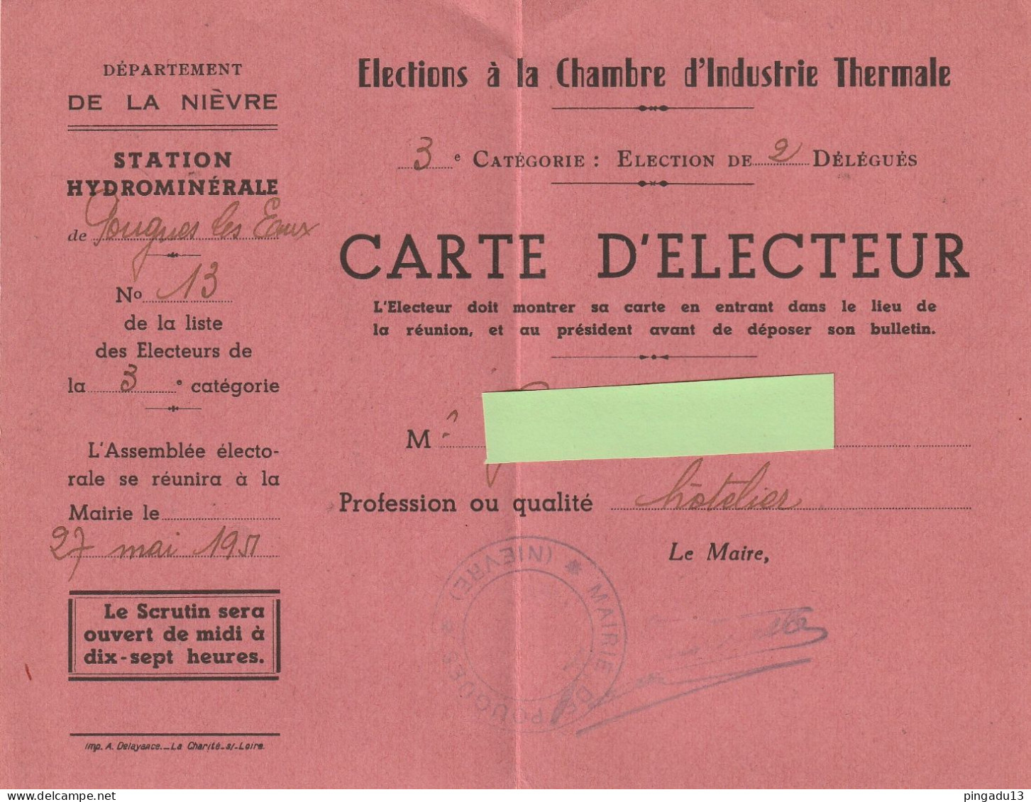 Fixe Nièvre Pougues Les Eaux Station Hydrominérale Rare Carte D'électeur Elections Chambre Industrie Thermale - Historical Documents