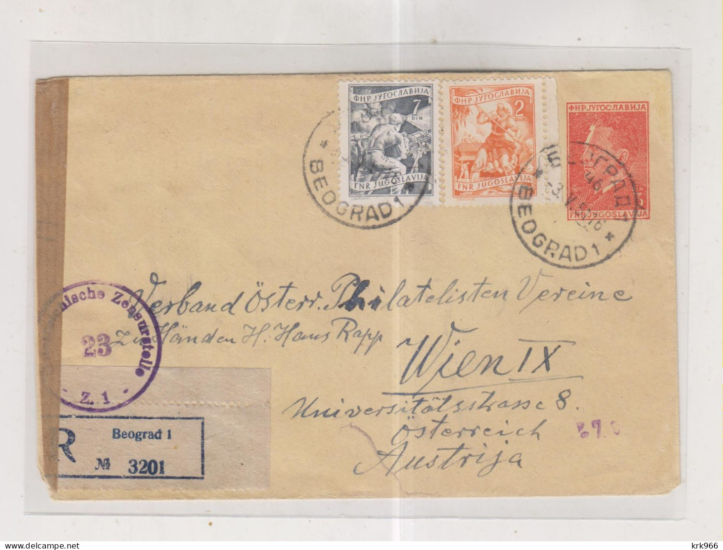YUGOSLAVIA,1951 BEOGRAD Registered  Censored Postal Stationery Cover To Austria - Briefe U. Dokumente