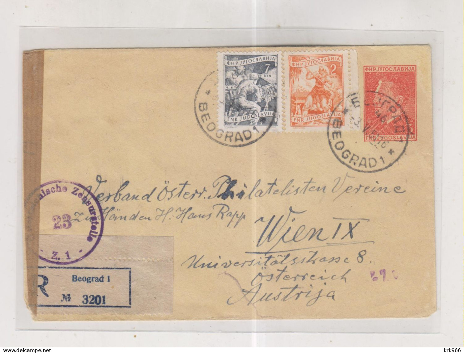 YUGOSLAVIA,1951 BEOGRAD Registered  Censored Postal Stationery Cover To Austria - Covers & Documents