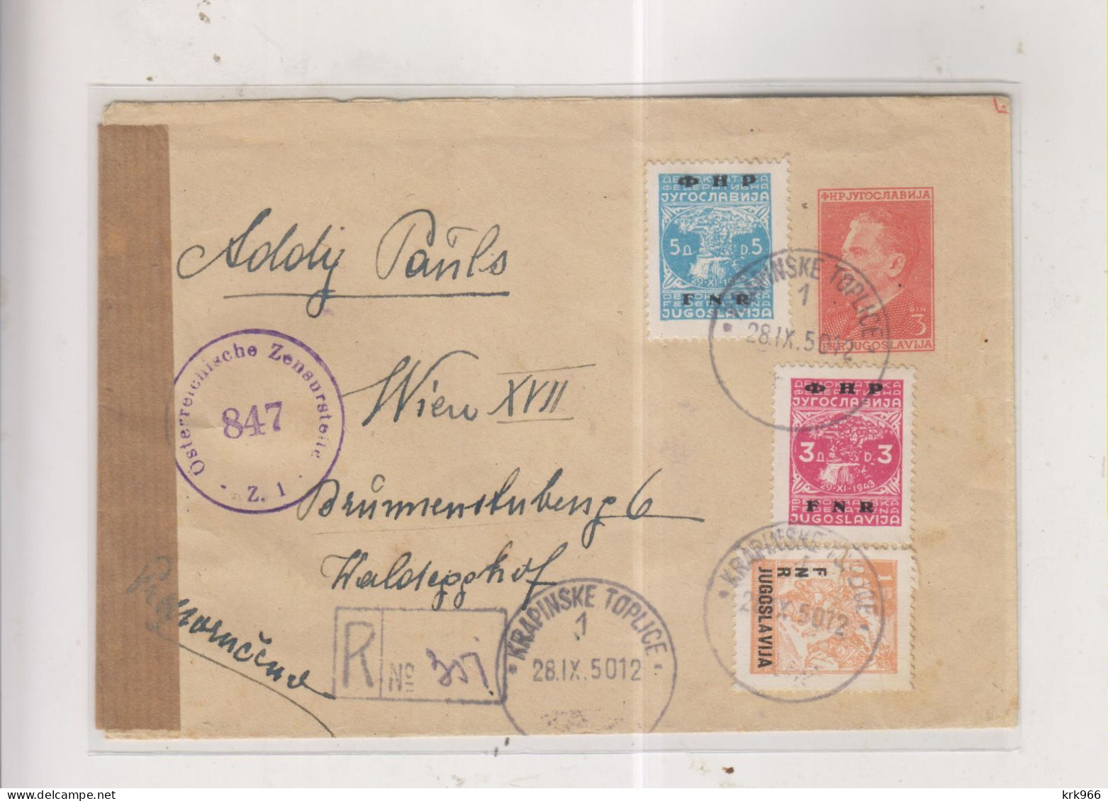 YUGOSLAVIA,1950 KRAPINSKE TOPLICE Registered  Censored Postal Stationery Cover To Austria - Covers & Documents