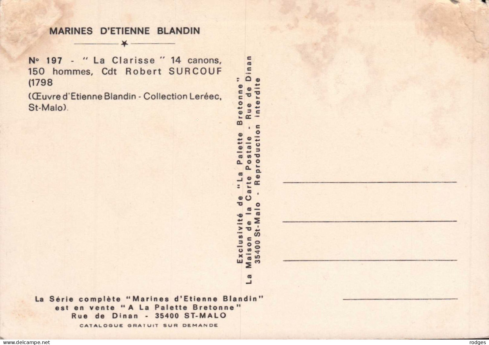 35 , Cpm Marines D'Etienne BLANDIN , N° 197 , La CLARISSE , 14 Canons , 150 Hommes , Cdt Robert SURCOUF  (15189.V.24) - Saint Malo
