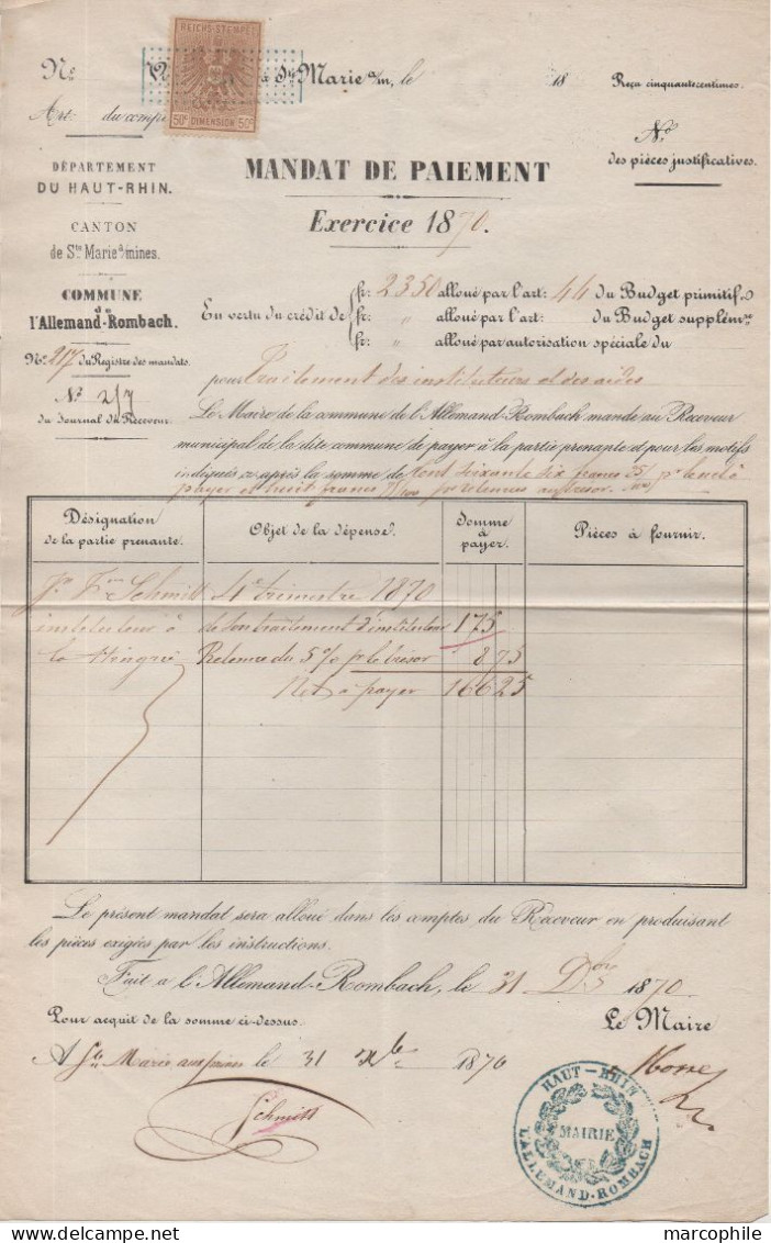 L'ALLEMAND ROMBACH - LE FRANC - ALSACE - CANTON DE SAINTE MARIE AUX MINES / 1870 FISCAL SUR DOCUMENT  (ref 7536) - Covers & Documents