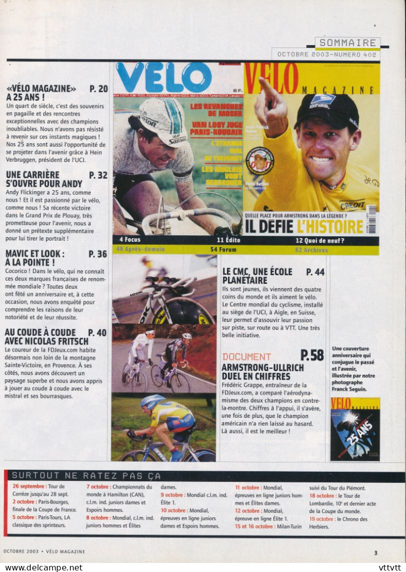 VELO MAGAZINE, Octobre 2003, N° 402, Andy Flickinger, Mavic, Look, Armstrong, Ullrich, Nicolas Fritsh, Aigle, Suisse... - Sport
