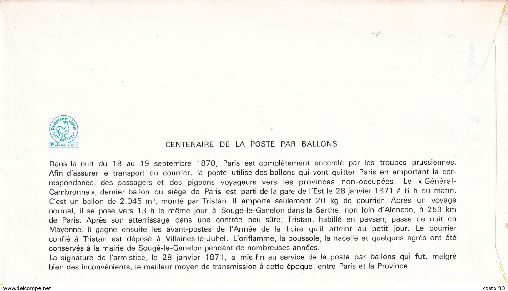 1er Jour, Centenaire De La Poste Par "Ballons Montés" - 1970-1979