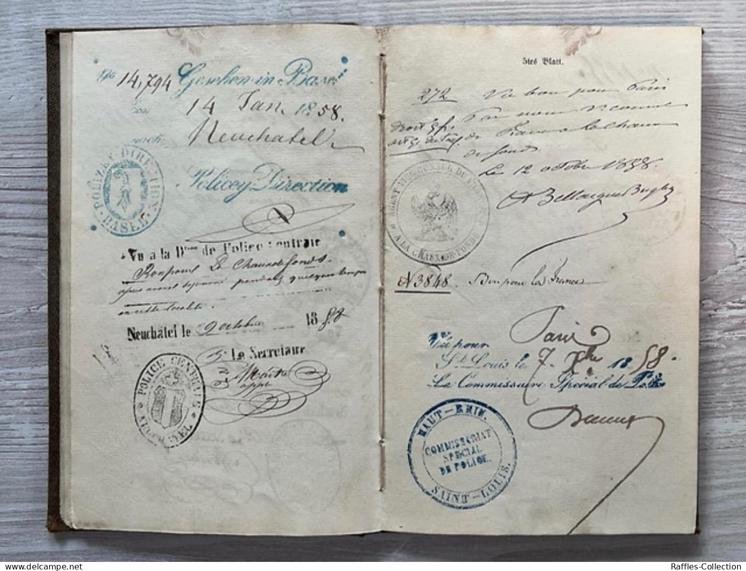 Swiss Switzerland Suisse Canton Basel 1856 passport & workbook, lots of visas passeport reisepass pasaporte passaporto