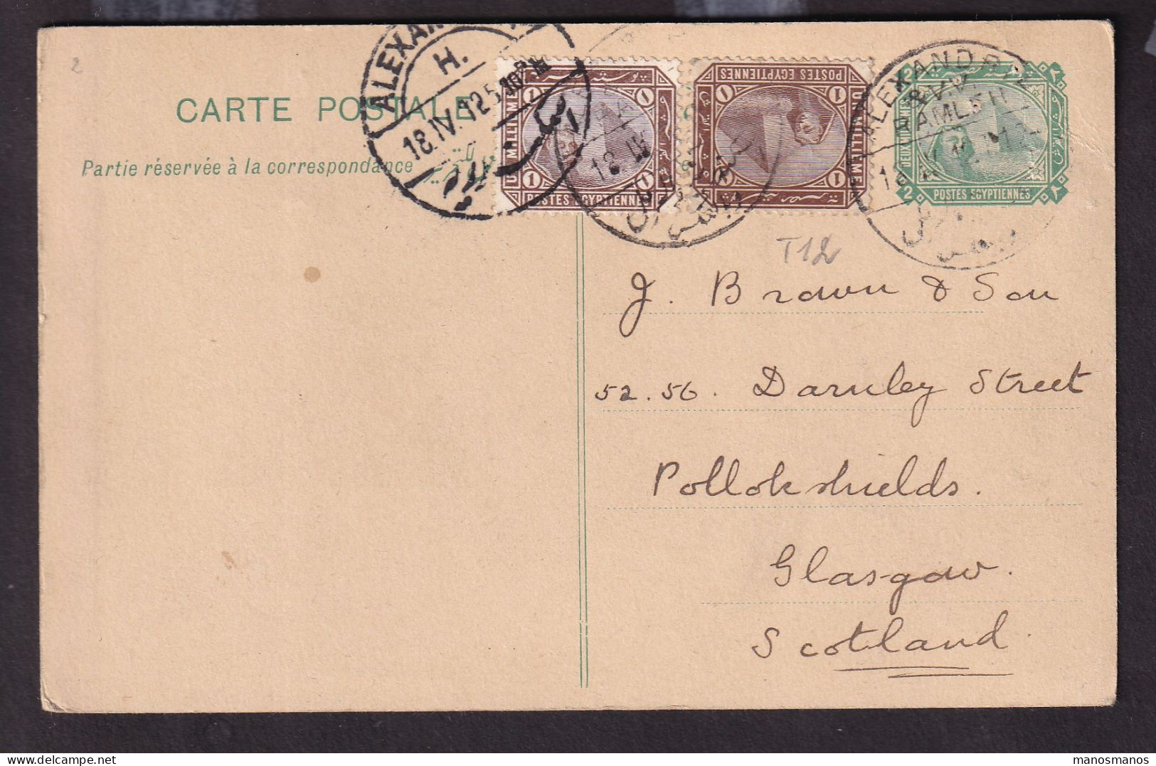 373/31 -- EGYPT Scarce ALEXANDRIA § VV RAMLEH TPO - Stationary Card Cancelled 1912 To Scotland - 1866-1914 Khédivat D'Égypte