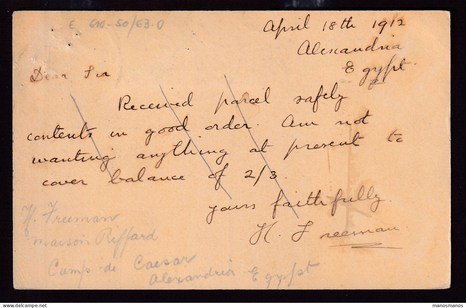 373/31 -- EGYPT Scarce ALEXANDRIA § VV RAMLEH TPO - Stationary Card Cancelled 1912 To Scotland - 1866-1914 Khédivat D'Égypte
