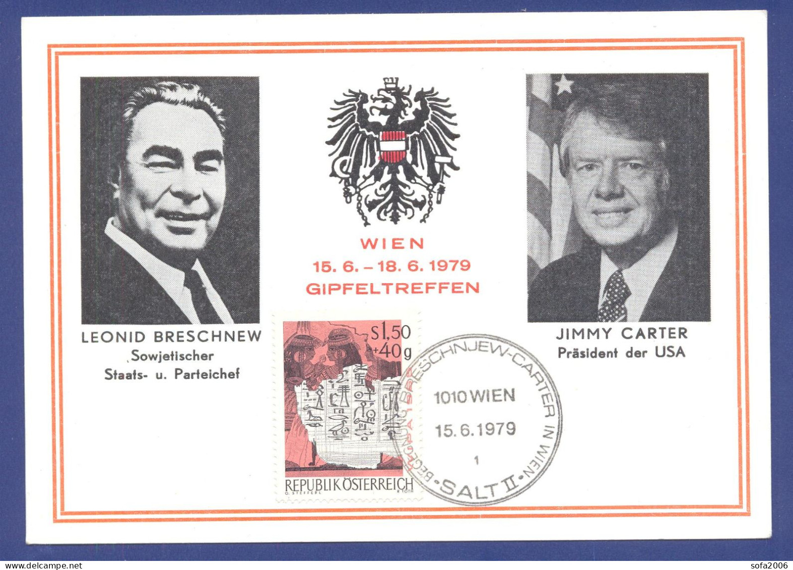 CARTE MAХIMUM .Leonid Breschnew, Jimmy Carter, Gipfeltreffen Wien, 15.6.1979, SALT II, Gedenkblatt. - Ereignisse