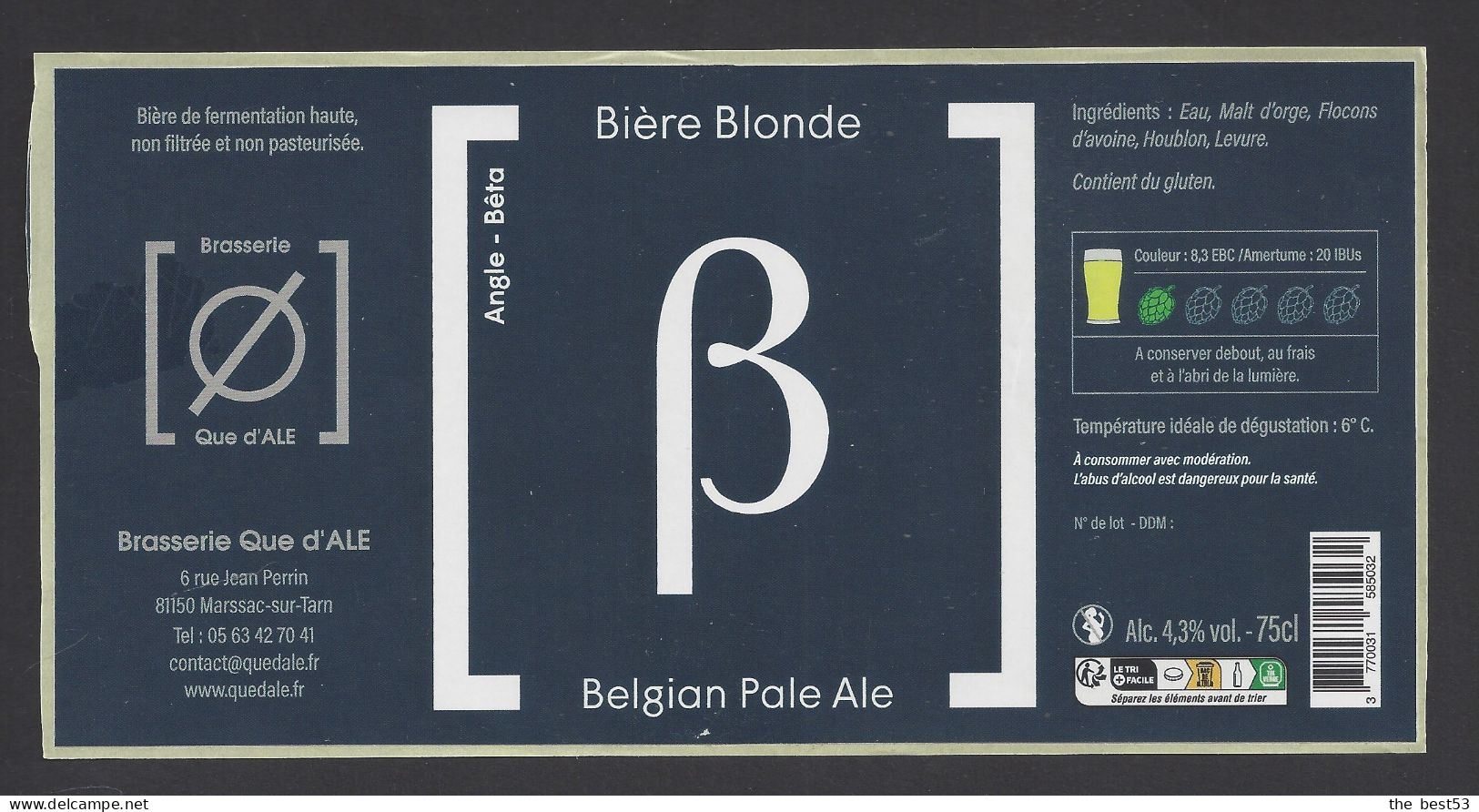 Etiquette De Bière Blonde Belgian Pala Ale   75 Cl -   Brasserie Que D'Ale  à  Marssac Sur Tarn   (81) - Bière