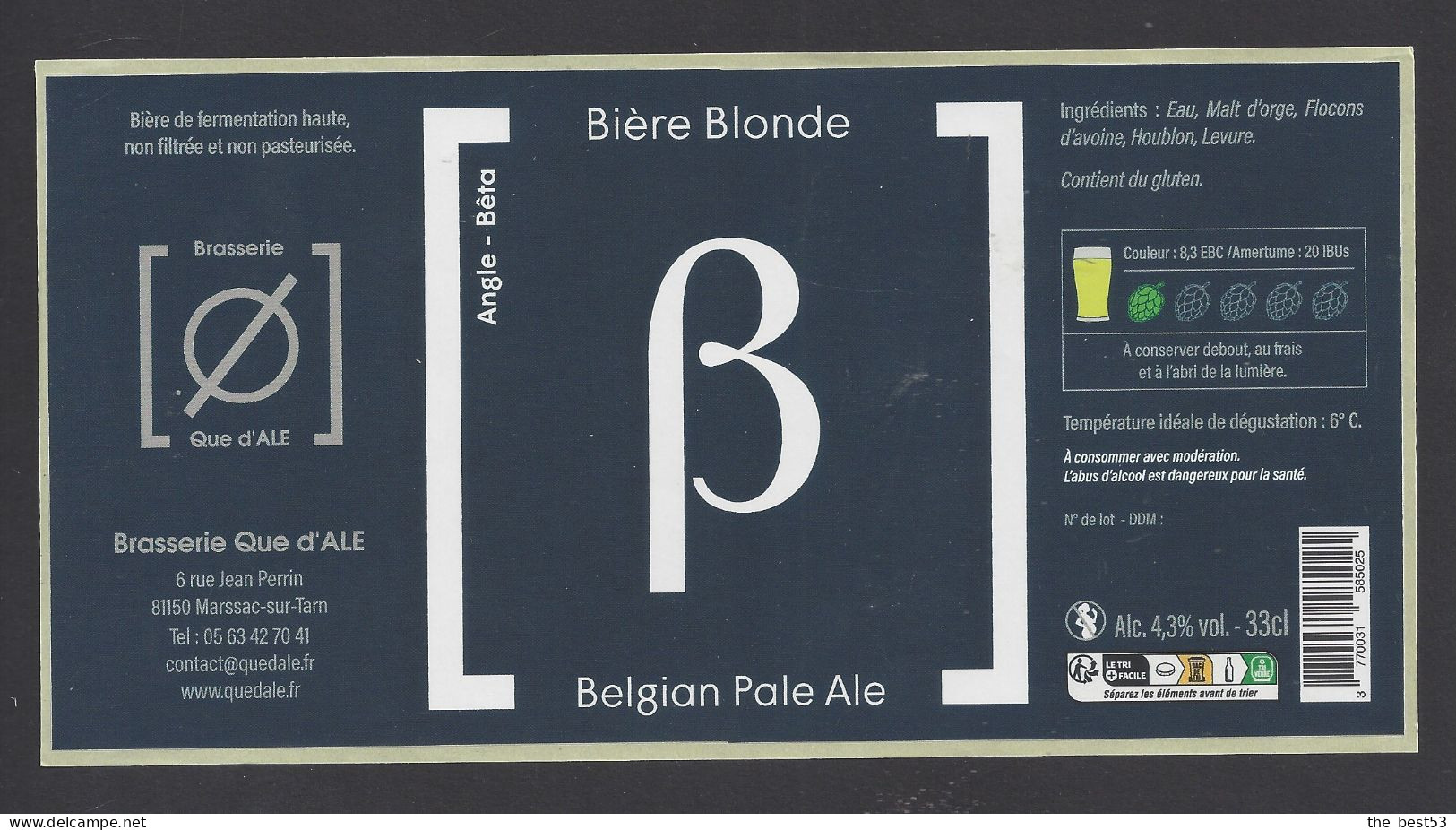 Etiquette De Bière Blonde Belgian Pala Ale   33 Cl -   Brasserie Que D'Ale  à  Marssac Sur Tarn   (81) - Beer
