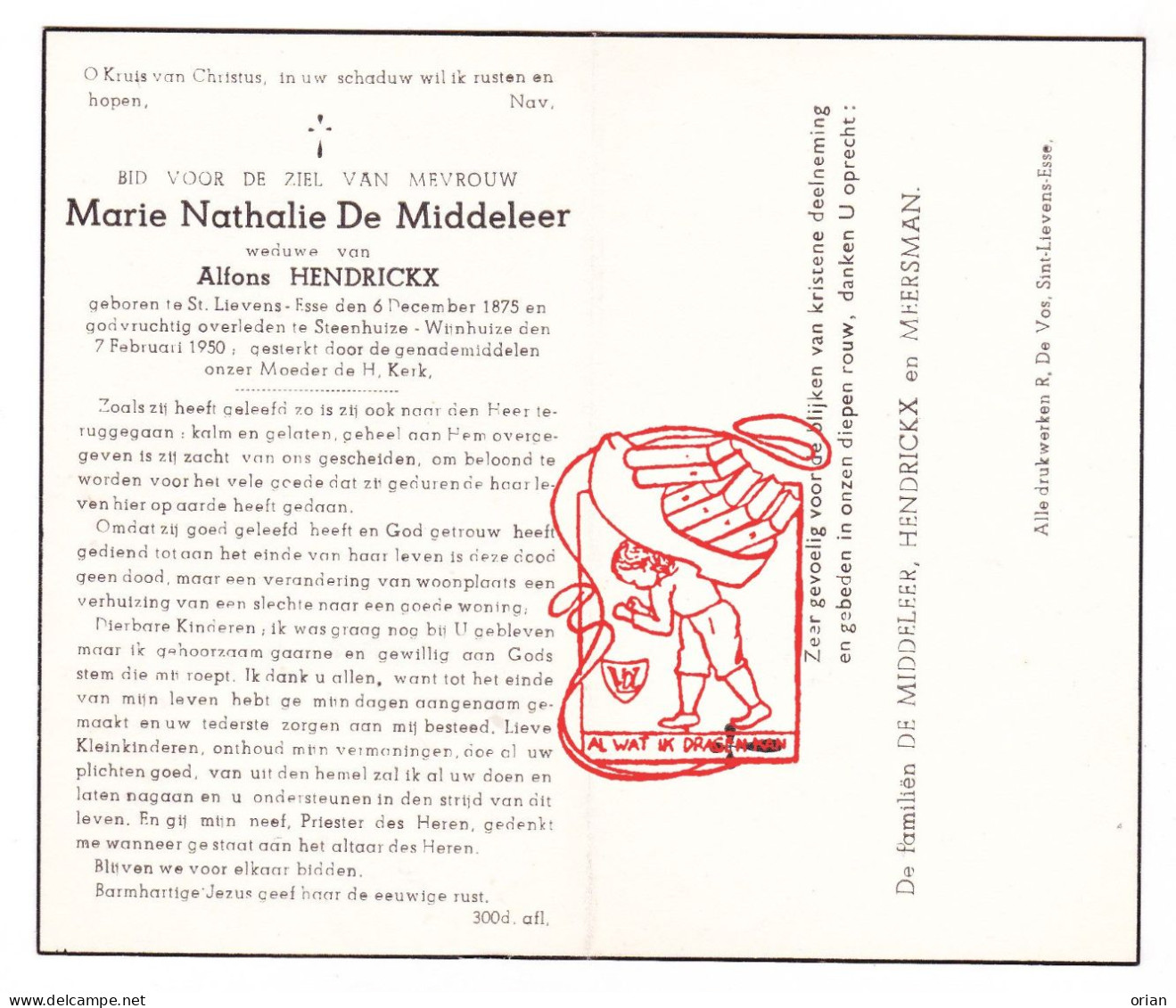 DP Marie Nathalie De Middeleer ° Sint-Lievens-Esse Herzele 1875 † Steenhuize-Wijnhuize 1950 X Alf. Hendrickx // Meersman - Devotion Images
