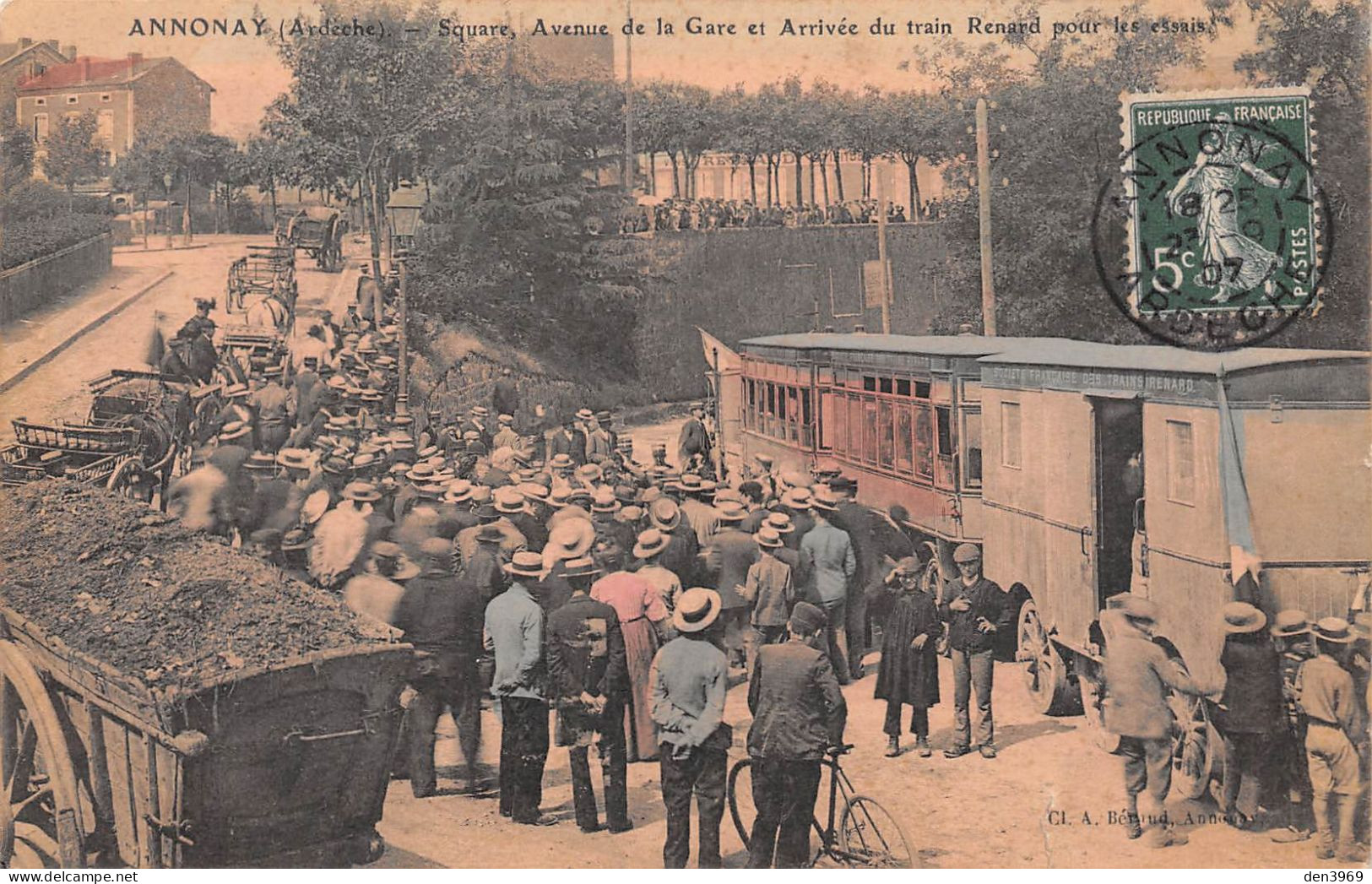 ANNONAY (Ardèche) - Square, Avenue De La Gare Et Arrivée Du Train Renard Pour Les Essais - Voyagé 1907 (2 Scans) - Annonay