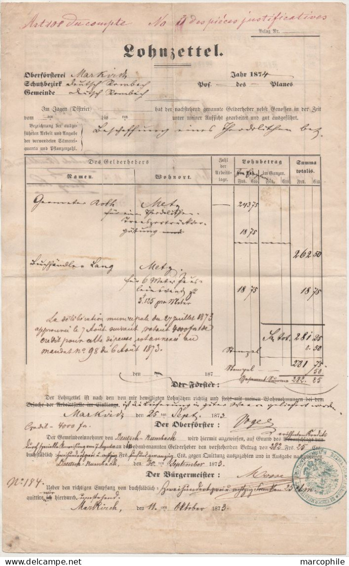 L'ALLEMAND ROMBACH - LE FRANC - ALSACE - CANTON DE SAINTE MARIE AUX MINES / 1874 FISCAUX SUR DOCUMENT  (ref 7536) - Covers & Documents