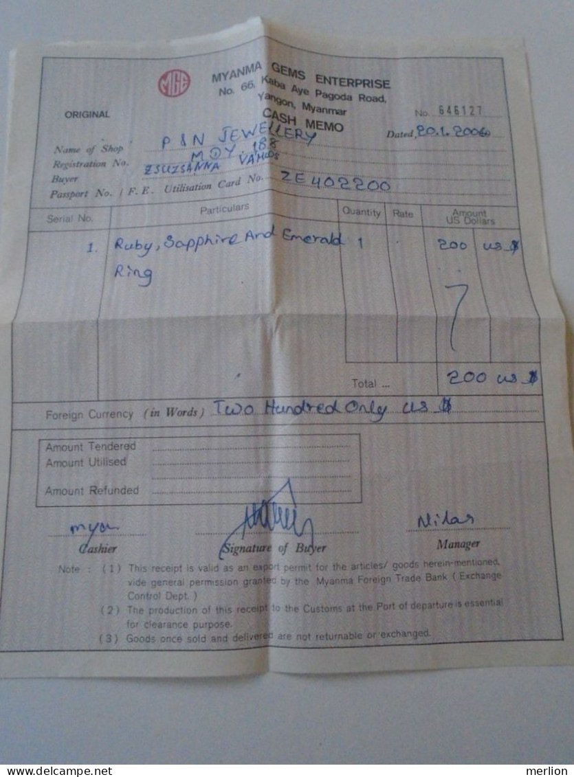 D203060     Invoice - Yangon  Myanmar - Myanma Gems Enterprise - $200   -  2006 - Other & Unclassified