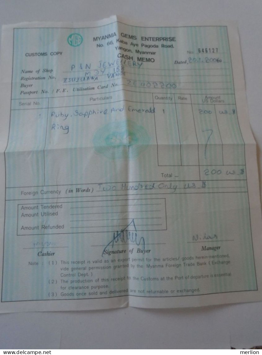 D203060     Invoice - Yangon  Myanmar - Myanma Gems Enterprise - $200   -  2006 - Other & Unclassified