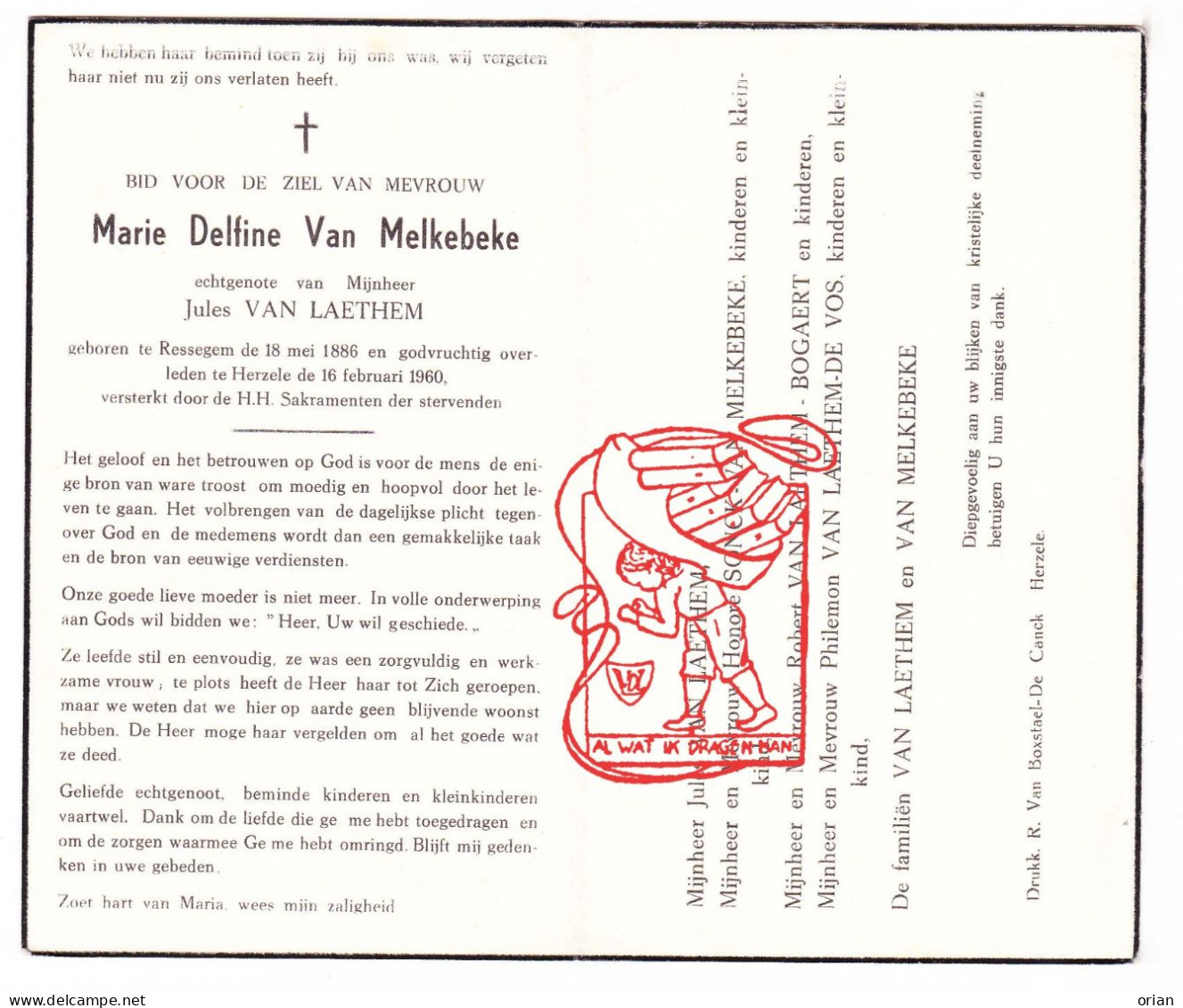 DP Marie Delfine Van Melkebeke ° Ressegem 1886 † Herzele 1960 X Jules Van Laethem // Sonck Bogaert De Vos - Images Religieuses