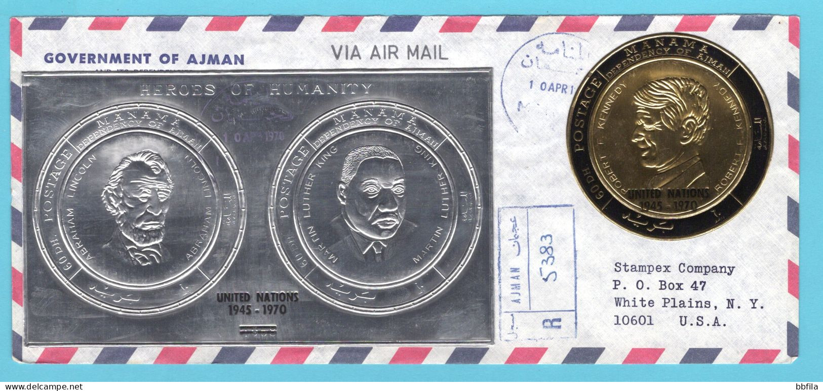 UNITED ARAB EMIRATES MANAMA R Cover 1970 Ajman With Silver Lincoln And Luther King Miniature Sheet + UN Stamp Kennedy - Manama