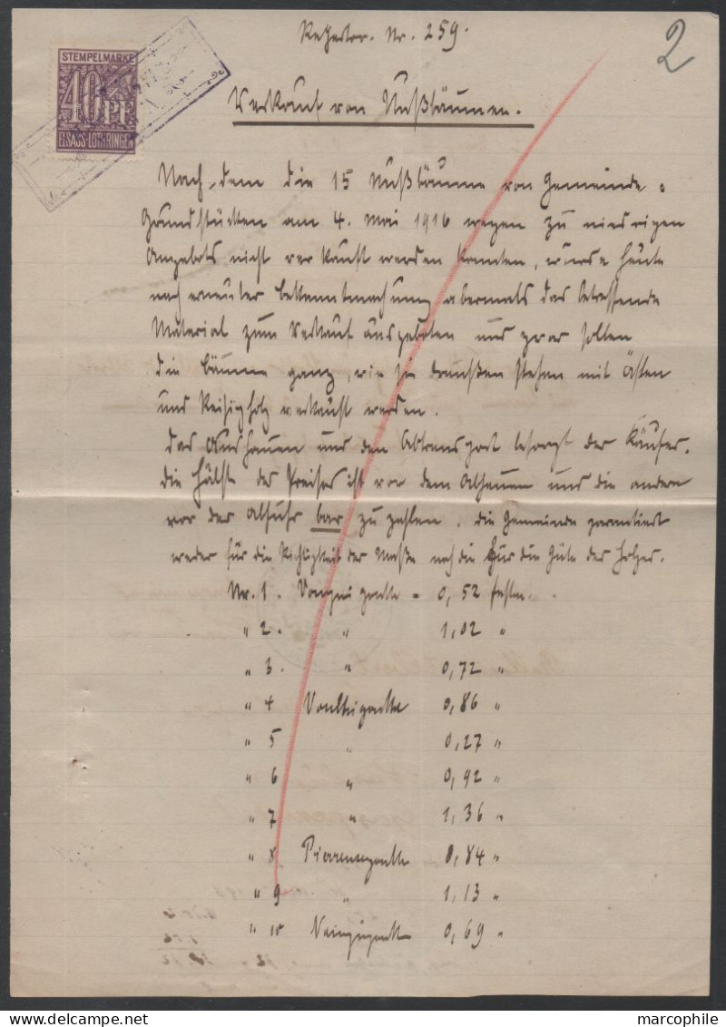 L'ALLEMAND ROMBACH - LE FRANC - ALSACE - CANTON DE SAINTE MARIE AUX MINES / 1916 FISCAL SUR DOCUMENT  (ref 7536) - Brieven En Documenten