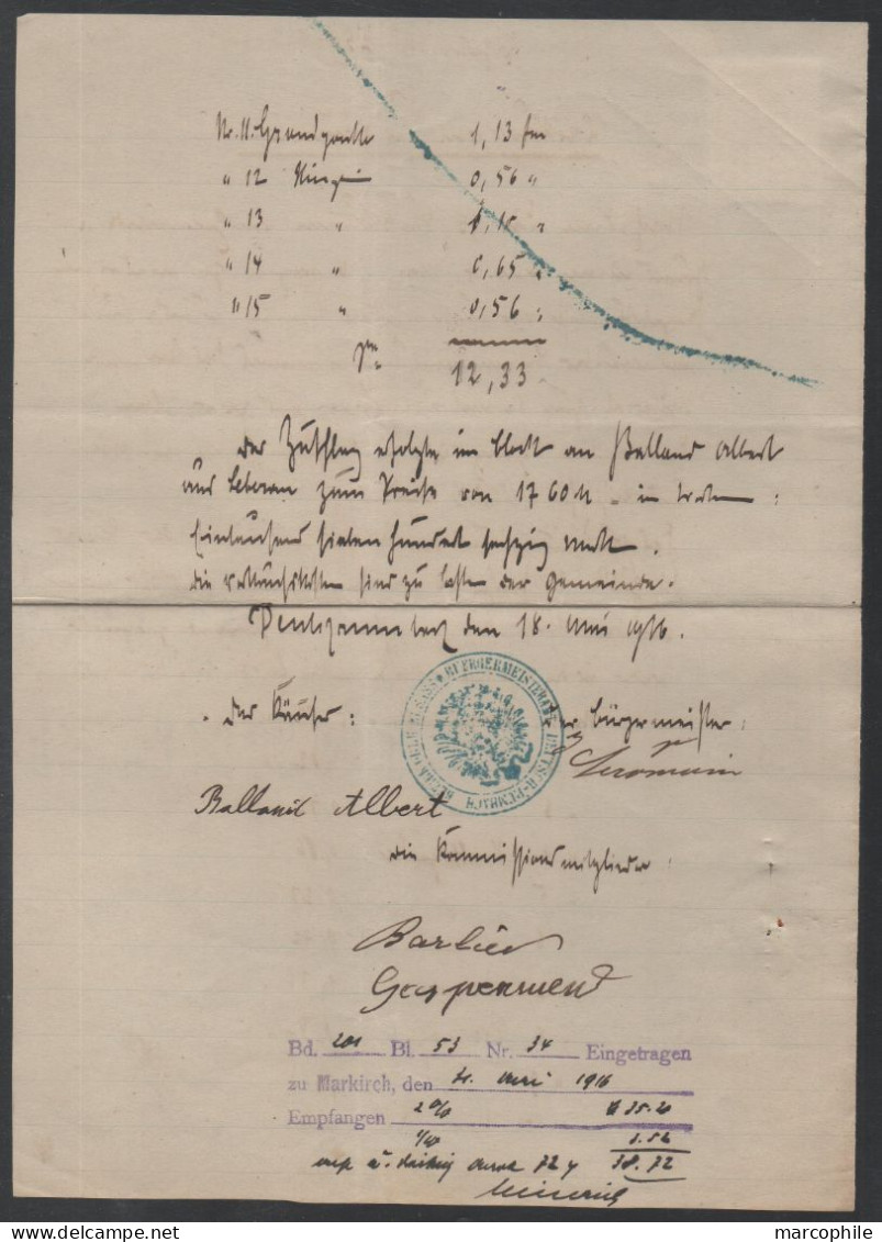 L'ALLEMAND ROMBACH - LE FRANC - ALSACE - CANTON DE SAINTE MARIE AUX MINES / 1916 FISCAL SUR DOCUMENT  (ref 7536) - Lettres & Documents