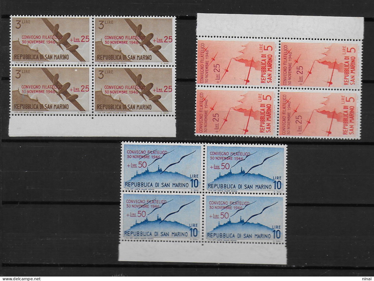 SAN MARINO 1946 " CONVEGNO FILATELICO " 3 VALORI BORDO DI FOGLIO ** MNH LUSSO C1500 - Unused Stamps