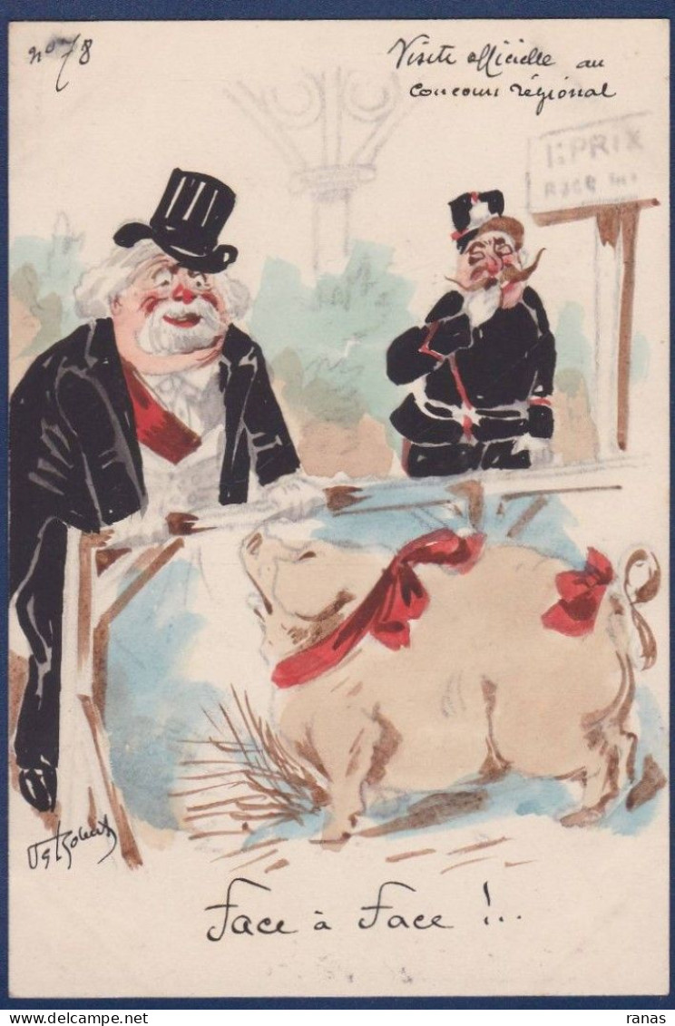 CPA Roberty Dessin Original Fait Main Fallières Cochon Pig Satirique Caricature Non Circulée - Satirical