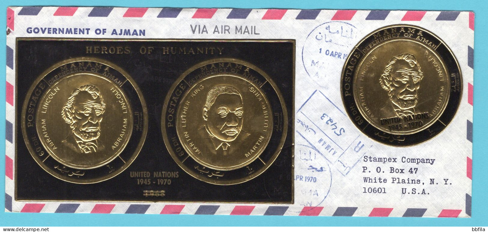 UNITED ARAB EMIRATES MANAMA R Cover 1970 Ajman With Gold Lincoln And Luther King Miniature Sheet + UN Stamp To USA - Manama