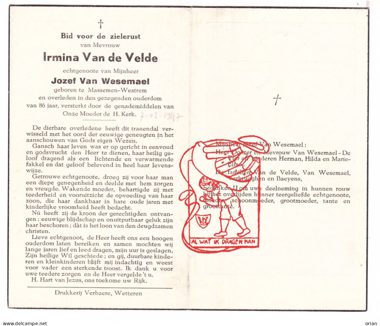 DP Irmina Vandevelde ° Massemen Wetteren Ca. 1861 † 1947 X Jozef Van Wesemael // De Tier Verbrugghen Baeyens - Images Religieuses