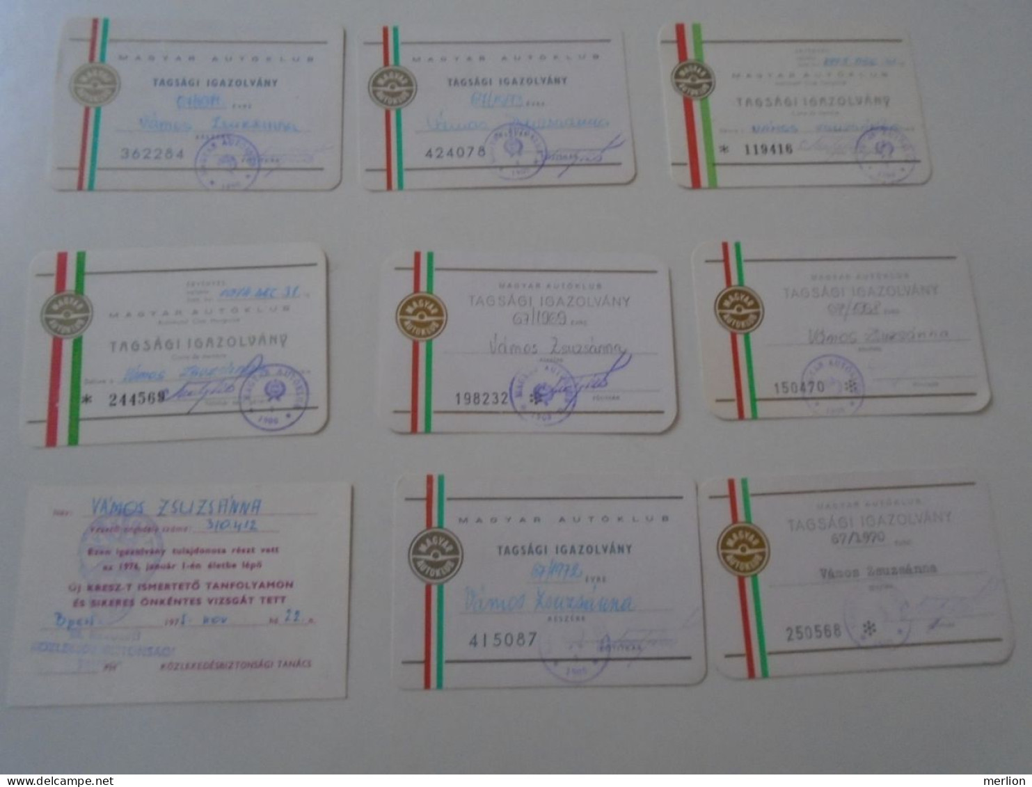 D203063   Lot of 9 membership Cards  Hungary  Magyar Autóklub -Hungarian Automobile Club -some with stamps 1968-75