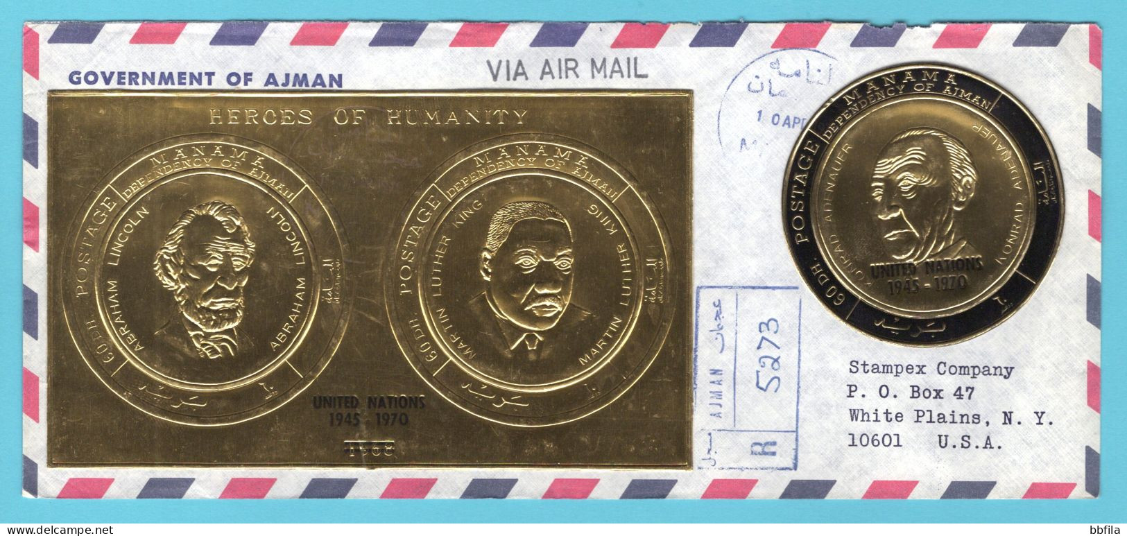 UNITED ARAB EMIRATES MANAMA R Cover 1970 Ajman With Gold Lincoln And Luther King UN Miniature Sheet + Audenauer - Manama