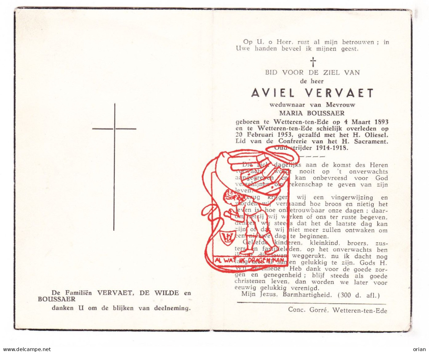 DP Aviel Vervaet ° Wetteren Ten Ede 1893 † 1953 X Maria Boussaer - Devotion Images
