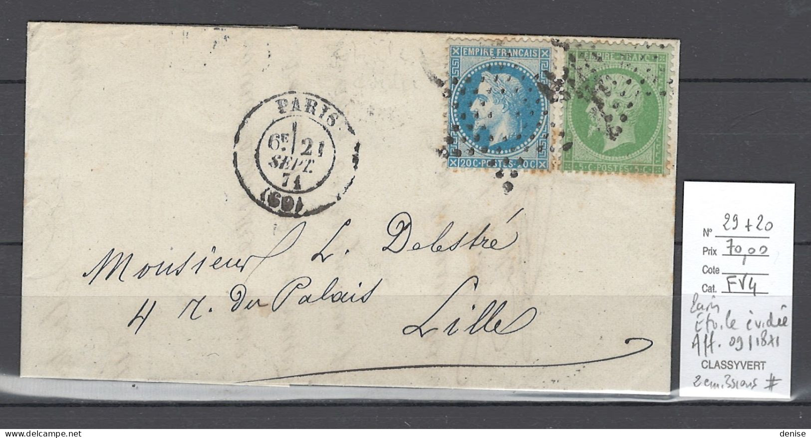 France - Lettre Paris -Etoile évidée -  - Affranchissement 09/1871  - Yvert 29 +20 - 1849-1876: Période Classique